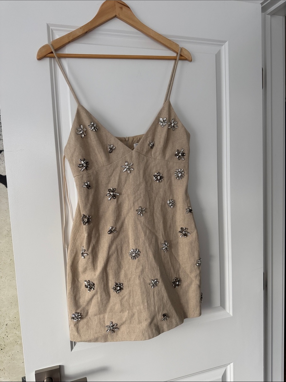 Zara Beige Embellished Spaghetti Strap Mini Dress